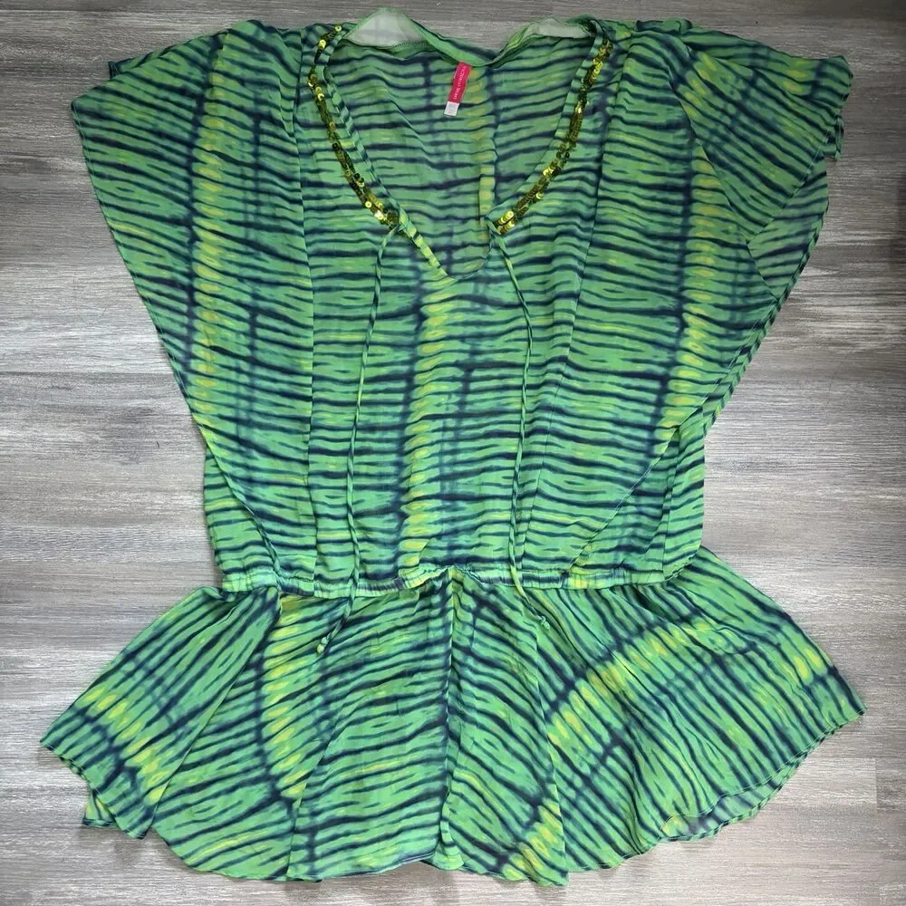 Victorias Secret Green Tie Dye Sequin Trim Sheer Swim Cover Up Tunic Dress M/L